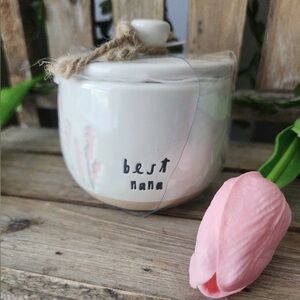 Rae Dunn “Best Nana” Ceramic Jar with Lid - White with Pink Snapdragons
